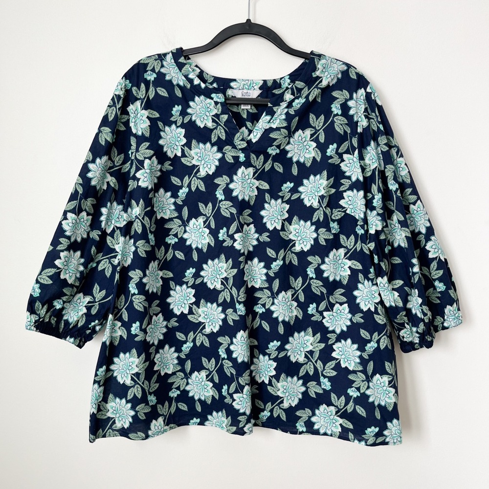 Croft & Barrow Blue Floral V‎ Neck 3/4 Sleeve Cotton Top Womens Plus 2X
